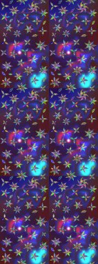 Raster suluboya çiçek deseni, narin çiçekler, menekşe ve mavi çiçekler, tebrik kartı şablonu. Güzel kumaş deseni.