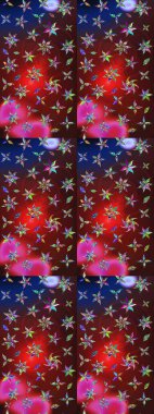 Çok kahverengi ve kırmızı zarif küçük çiçekler ve kahverengi ve kırmızı renkli komik böcekler, raster desen, illüstrasyon.