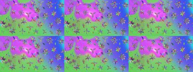 Raster illüstrasyonu. Suluboya tarzında mor ve yeşil renkler üzerinde. Küçük çiçekli bahar deseni çiz.