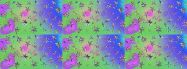 El çizimi çiçekli soyut çizim kalıbı. Raster illüstrasyonu. Yeşil ve mor renkte çiçekler.