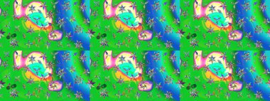 Yeşil ve mavi renkli bitkilerden oluşan parlak çiçekli çizim deseni.