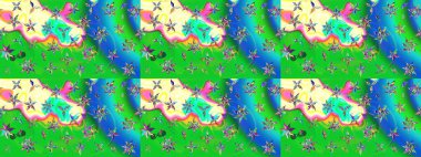 3D çiçekler, eskiz. Raster illüstrasyonu. Yeşil ve mavi renklerde.