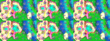 Raster deseni. Raster illüstrasyonu. Patlayan çiçekler soyut olarak yerleştirilmiş. Yeşil ve mavi renklerde bahar çiçekleri..