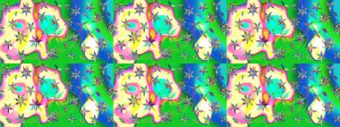 Düz Çiçek Elementleri Tasarımı. Renkli Bahar Teması eskiz kalıbı. Raster illüstrasyonundaki çiçek desenli çizim. Yeşil ve mavi renkte çiçekler.