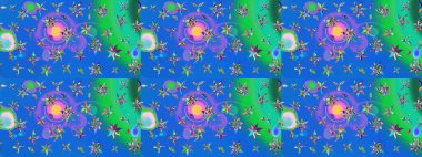 Çok mavi ve yeşil zarif küçük çiçekler ve mavi ve yeşil renkli komik böcekler, raster desen, illüstrasyon.