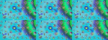 Mavi ve yeşil renkli çiçekler. Hediye ambalaj kağıdı, tebrik kartları, posterler ve pankart tasarımı. Raster düz çiçek çizim deseni.