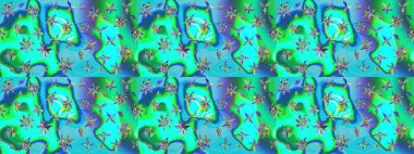 Çiçek mavisi ve yeşil çizim deseni. Raster çiçek izi. Klasik taslak çizimi. Raster Yumuşak kumaş deseni.