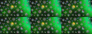 Çocuksu tasarım. Elle çizilmiş çiçek desenli Raster çizimi. Tekstil, kumaş, ambalaj, hatıra defteri için hoş bir çiçek arkaplanı. Yeşil ve gri arkaplanda.