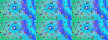 Renkli Bahar Teması eskiz kalıbı. Mavi ve yeşil renkli çiçekler. Düz Çiçek Elementleri Tasarımı. Sevimli çiçek raster deseni.