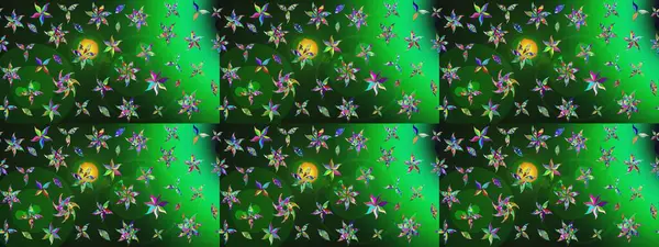 Çocuksu tasarım. Elle çizilmiş çiçek desenli Raster çizimi. Tekstil, kumaş, ambalaj, hatıra defteri için hoş bir çiçek arkaplanı. Yeşil ve gri arkaplanda.