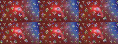 Çok kahverengi ve kırmızı zarif küçük çiçekler ve kahverengi ve kırmızı renkli komik böcekler, raster desen, illüstrasyon.