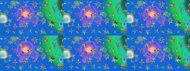 Çok mavi ve yeşil zarif küçük çiçekler ve mavi ve yeşil renkli komik böcekler, raster desen, illüstrasyon.