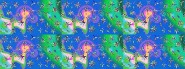 Dallı bahar çiçekleri ile desen, mavi ve yeşil renkler ile çiçek silueti. Raster deseni.