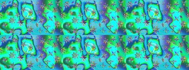 Çiçek mavisi ve yeşil çizim deseni. Raster çiçek izi. Klasik taslak çizimi. Raster Yumuşak kumaş deseni.