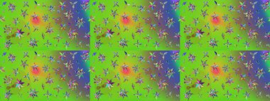 Egzotik çiçekler, yeşil ve mor renkler üzerine botanik ve parlak klasik doğa. Klasik tropikal doğal elementlerin suluboya seti. Raster illüstrasyonu.