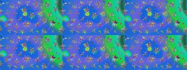 Motley illüstrasyonu. Mavi ve yeşil çiçekli bahar çiçekleri. Küçük çiçekte güzel bir desen. Küçük renkli çiçekler. Moda baskıları için zarif bir şablon.