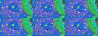 Düz Çiçek Elementleri Tasarımı. Renkli Bahar Teması eskiz kalıbı. Çiçekli çizim şekli. Mavi ve yeşil renkte çiçekler.