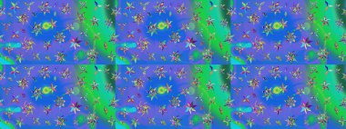 Raster. Mavi ve yeşil renkli güzel çiçekli eskiz deseni, suluboya çiçek deseni, duvar kağıdı, kart veya kumaş için fayanslı.