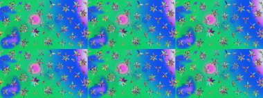 Renkli Yaz Temalı eskiz kalıbı. Mavi ve yeşil renkli çiçekler. Raster Illustrasyon 'daki Çiçek Deseni' nin son moda çizimi. Düz Çiçek Elementleri Tasarımı.