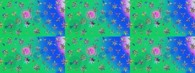 Suluboya elle çizilmiş çiçek desenli eskiz deseni. Parlak renkli fantezi çiçekleri, yapraklar, yeşil ve mavi renkli tomurcuklar yeşil ve mavi.