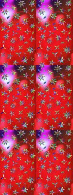 Çok renkli ve pembe küçük çiçekler ve kırmızı ve pembe renkli komik böcekler, raster desen, illüstrasyon.