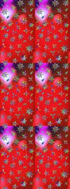 Çok renkli ve pembe küçük çiçekler ve kırmızı ve pembe renkli komik böcekler, raster desen, illüstrasyon.