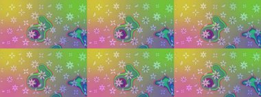 Suluboya elle çizilmiş çiçek desenli eskiz deseni. Parlak renkli fantezi çiçekleri, yapraklar, yeşil ve nötr renklerde tomurcuklar yeşil ve nötr.