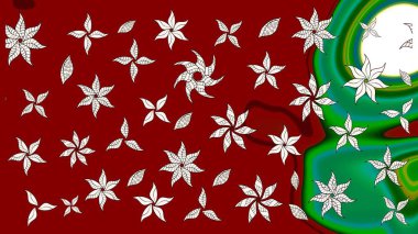 Eskiz geçmişi. Raster illüstrasyonu. Eski usul. Renkli desenli eskiz deseni, kırmızı ve yeşil çiçekler ve dekoratif elementler. Kumaş, tekstil ve duvar kağıdı baskısı için..