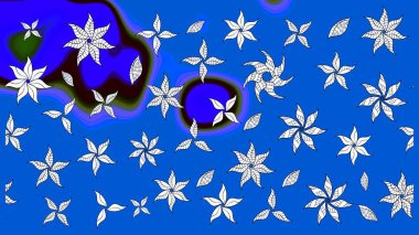 Yumuşak, bahar çiçekleri mavi ve nötr renklerde. Raster illüstrasyonu. Yaprak ve çiçeklerin suluboya resmi, mavi ve nötr renkler üzerine çizim deseni.