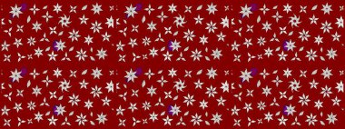 Kırmızı ve nötr renklerde yapraklar ve parlak renkli çiçeklerle muhteşem bir çiçek deseni. Modern çiçek arkaplanı. Moda baskıları için zarif bir şablon. Halk stili.