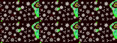 Ağaç dallı bahar çiçekleriyle desen, siyah ve nötr renkler ve çiçek silueti. Raster deseni.