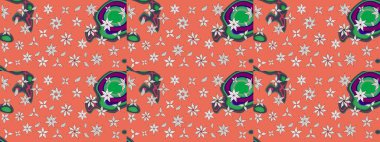 Raster illüstrasyonu. Şirin çiçekli eskiz deseni ve turuncu ve nötr renklerde yapraklar, suluboya çiçek deseni, duvar kağıdı, kart veya kumaş için fayanslı.