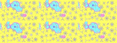 Eskiz modeli etnik tasarım. Yatak çarşafları, ceket, paket tasarımı, kumaş ve moda kavramları için tekstil baskısı. Çiçekleri, deniz kabukları, mandalaları ve suluboya efektleri olan deniz altyapısı.