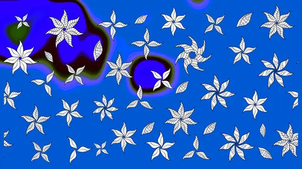 Yumuşak, bahar çiçekleri mavi ve nötr renklerde. Raster illüstrasyonu. Yaprak ve çiçeklerin suluboya resmi, mavi ve nötr renkler üzerine çizim deseni.