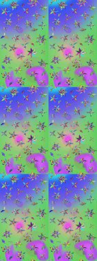 Yeşil ve menekşe rengi zarif küçük çiçekler ve yeşil ve mor renkli komik böcekler, raster desen, illüstrasyon.