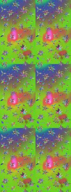 Raster hisseleri. Yeşil ve mor üzerine çiçekler. Suluboya, elle çizilmiş. Taslak arkaplan deseni.