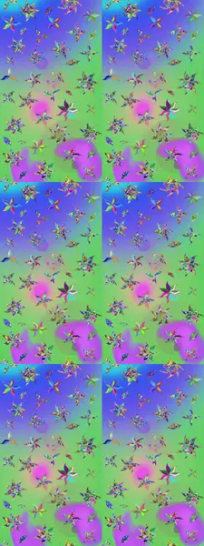 Yeşil ve menekşe rengi zarif küçük çiçekler ve yeşil ve mor renkli komik böcekler, raster desen, illüstrasyon.