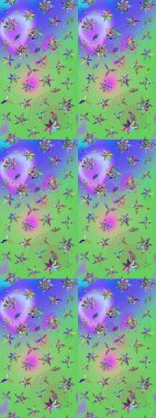 Yeşil ve mor arka planda. Elle çizilmiş çiçek desenli Raster çizimi. Çocuksu tasarım. Tekstil, kumaş, ambalaj, hatıra defteri için güzel çiçek arkaplanı..