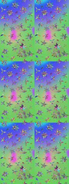 Patlayan çiçekler soyut olarak yerleştirilmiş. Yumuşak, bahar çiçekleri yeşil ve mavi renklerde. Raster deseni. Raster illüstrasyonu.