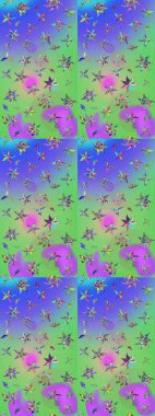 Yeşil ve menekşe rengi zarif küçük çiçekler ve yeşil ve mor renkli komik böcekler, raster desen, illüstrasyon.