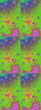 Raster Çiçek İllüstrasyonu güzel tekstil. Yeşil ve mor renkli etnik çiçeklerle zarif eskiz deseni.