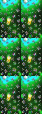 Raster illüstrasyonu. Renkli Bahar Teması eskiz kalıbı. Çiçek desenli çizim. Asya tekstil tarzında. Yeşil ve mavi renkte çiçekler. Düz Çiçek Elementleri Tasarımı.