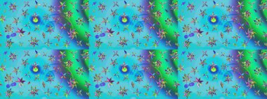 El çizimi çiçekli soyut çizim kalıbı. Mavi ve yeşil renkli çiçekler. Raster illüstrasyonu.