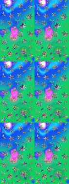 Sanat ilham verici ve mavi renkli çiçekler ve arkasında iz bırakıyor. Karalama çiçekleri çizim kalıbı. Yeşil ve mavi el çizimi desen. Raster deseni.