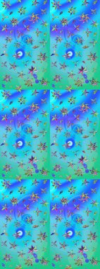 Düz Çiçek Elementleri Tasarımı. Mavi ve yeşil renkli çiçekler. Renkli Bahar Teması eskiz kalıbı. Sevimli çiçek raster deseni.