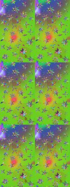 Düz Çiçek Elementleri Tasarımı. Yeşil ve mor renkli çiçekler. Çiçek desenli çizim. Renkli Bahar Teması eskiz kalıbı. Asya tekstil tarzında. Raster illüstrasyonu.