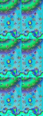 Dallı bahar çiçekleri ile desen, mavi ve yeşil renkler ile çiçek silueti. Raster deseni.