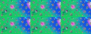 Parlak çiçekli kolaj çiçekleri yeşil ve mavi. Çiçekli zambakların eskiz geçmişi. Çiçek tasarımı için inanılmaz kolaj cennet tarzı..