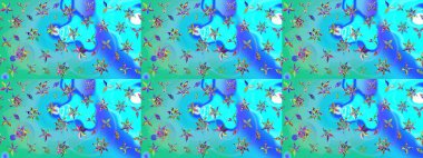 Raster illüstrasyonu. Çiçekli güzel suluboya desen. Mavi ve yeşil renklerde.