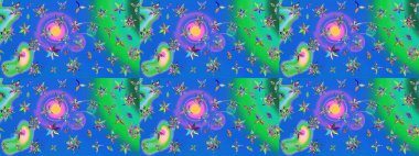 Parmak izi, kumaş, duvar kâğıdı, tekstil için raster dokusu. Renkli grunge, soyut arkaplanı kolomavi ve yeşil çiçeklerle süslüyor. Nakış desenli çiçek deseni..